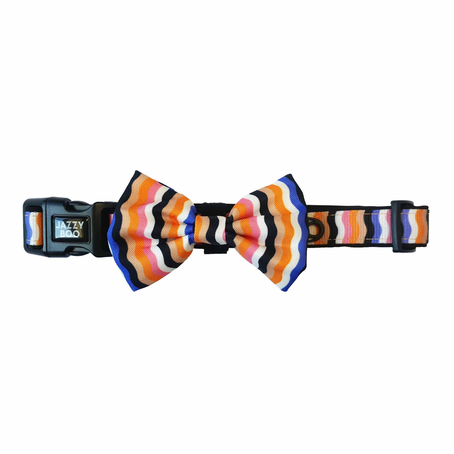 Purple, pink, black, white and orange collar with bow tie